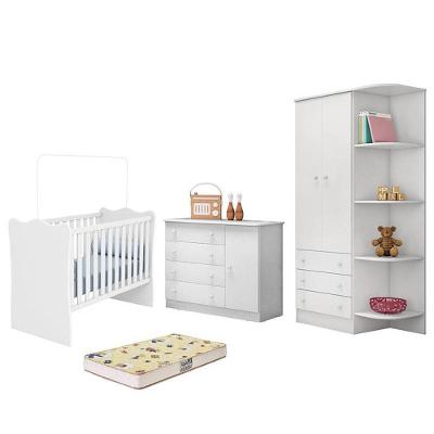 Dormitório Infantil Doce Sonho 2 Portas, Cômoda 1 Porta, Berço Branco E Colchão - Qmovi Branco