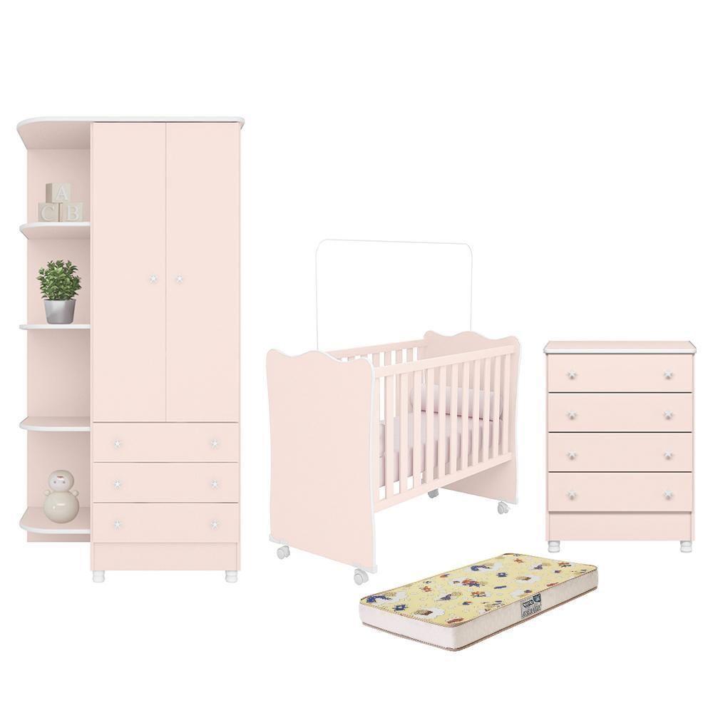 Dormitório Doce Sonho 2 Portas, Cômoda 4 Gavetas E Berço Rosa Acetinado Com Rodízio E Colchão D18 - Qmovi Rosa Acetinado - 1