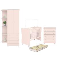 Dormitório Doce Sonho 2 Portas, Cômoda 4 Gavetas E Berço Rosa Acetinado Com Rodízio E Colchão D18 - Qmovi Rosa Acetinado - 1