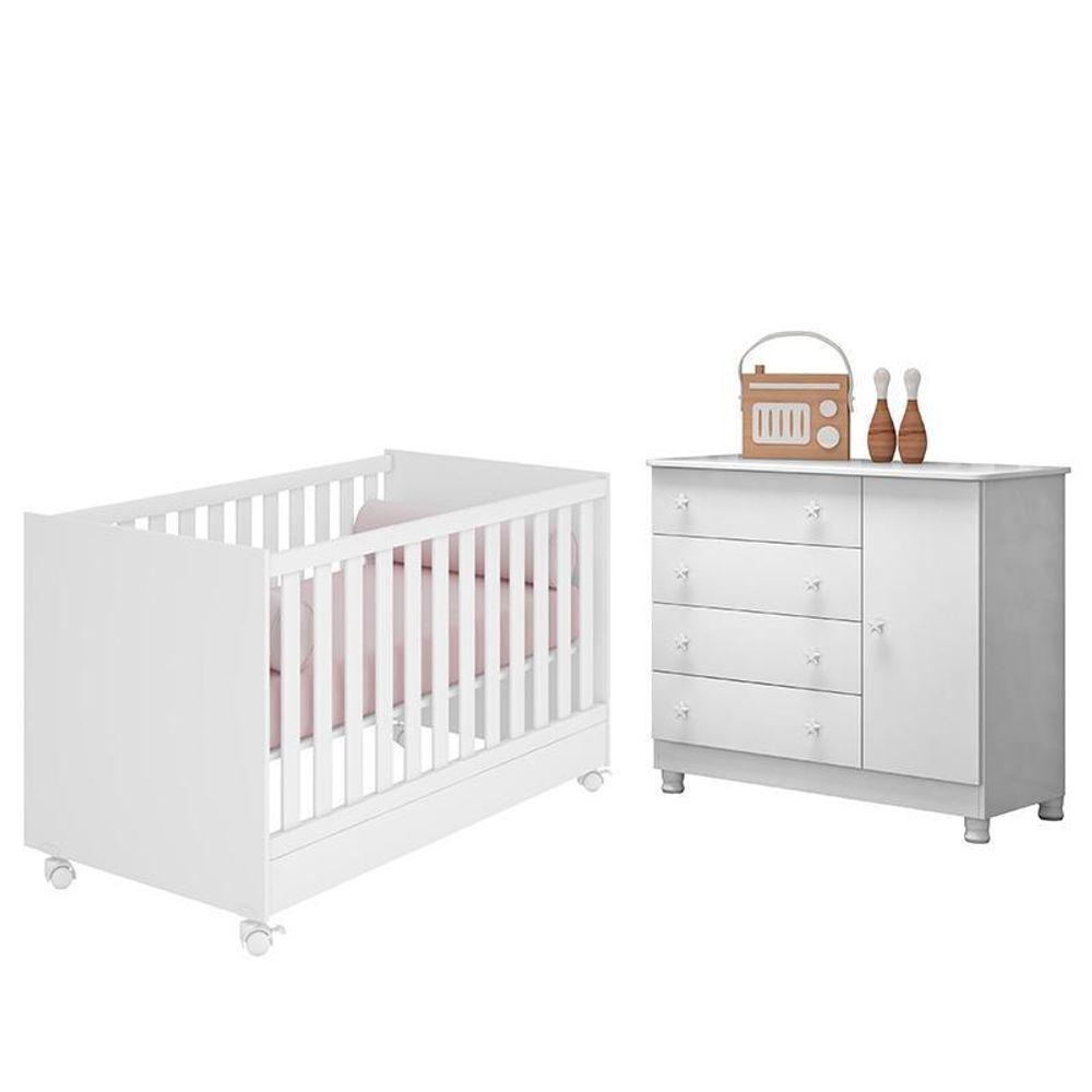 Jogo De Quarto Infantil Doce Sonho Cômoda 1 Porta E Berço Mini Cama Branco Com Rodízio - Qmovi Branco - 1