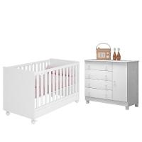 Jogo De Quarto Infantil Doce Sonho Cômoda 1 Porta E Berço Mini Cama Branco Com Rodízio - Qmovi Branco - 1