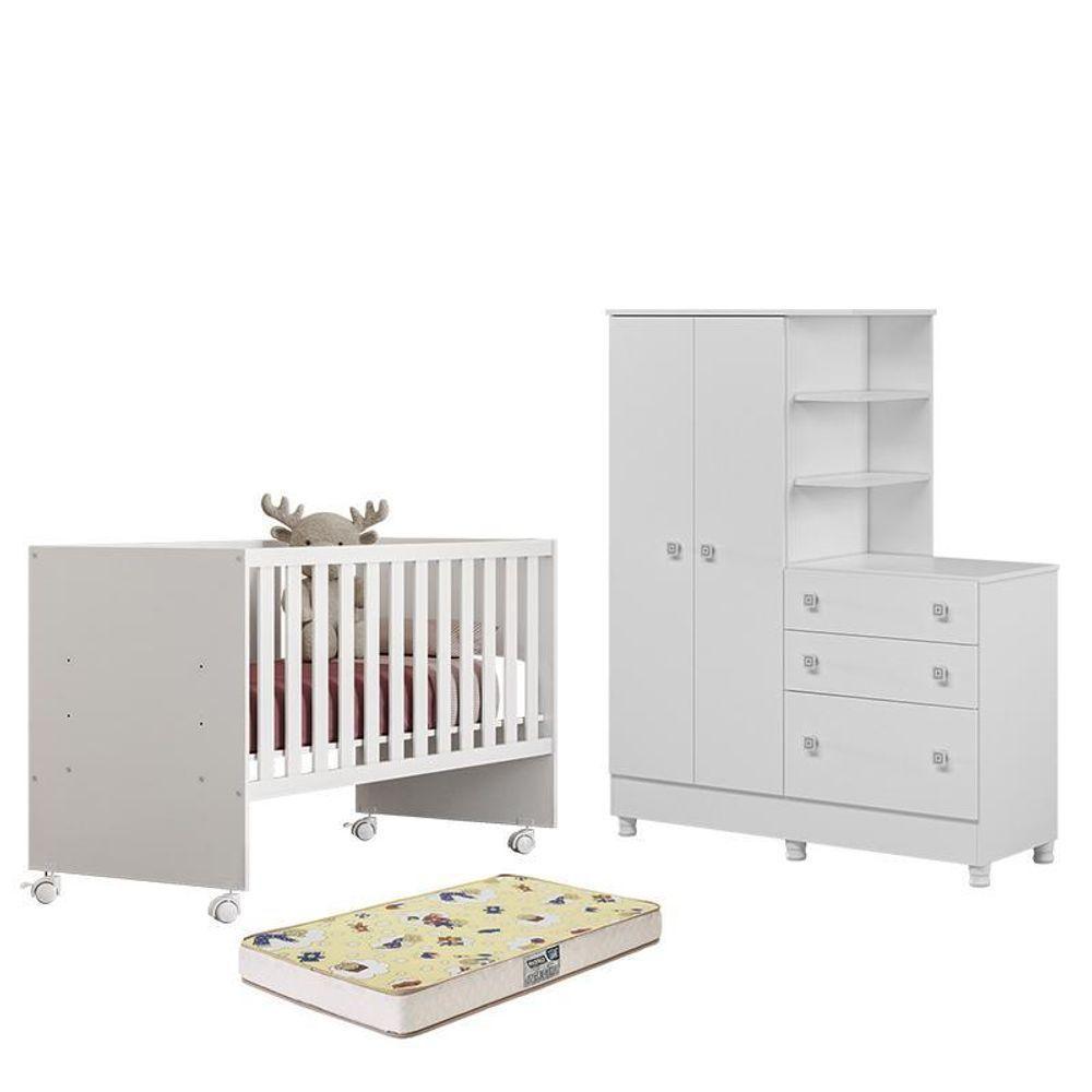 Dormitório Doce Sonho Guarda Roupa Com Cômoda Com Pés, Berço Reto Branco E Colchão Supreme - Qmovi Branco - 1