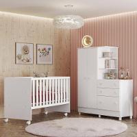 Dormitório Doce Sonho Guarda Roupa Com Cômoda Com Pés, Berço Reto Branco E Colchão Supreme - Qmovi Branco - 2