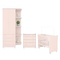 Dormitório Doce Sonho Guarda Roupa, Cômoda Trocador E Berço Rosa Acetinado Com Rodízio - Qmovi Rosa Acetinado - 1