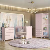 Dormitório Doce Sonho Guarda Roupa, Cômoda Trocador E Berço Rosa Acetinado Com Rodízio - Qmovi Rosa Acetinado - 2