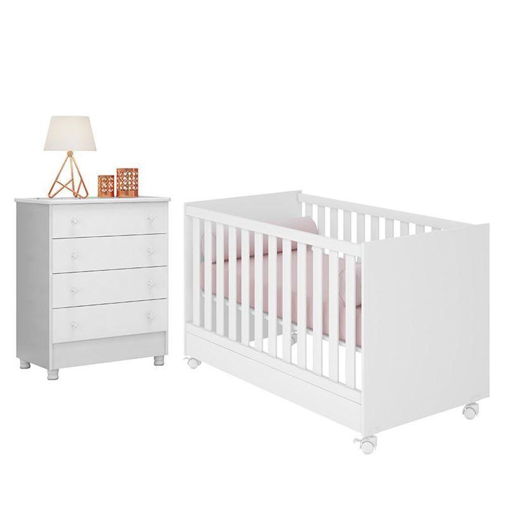 Jogo De Quarto Infantil Doce Sonho Cômoda 4 Gavetas E Berço Mini Cama Branco Com Rodízio - Qmovi Branco - 1