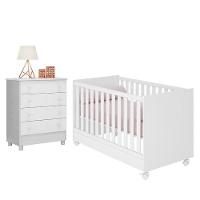 Jogo De Quarto Infantil Doce Sonho Cômoda 4 Gavetas E Berço Mini Cama Branco Com Rodízio - Qmovi Branco - 1