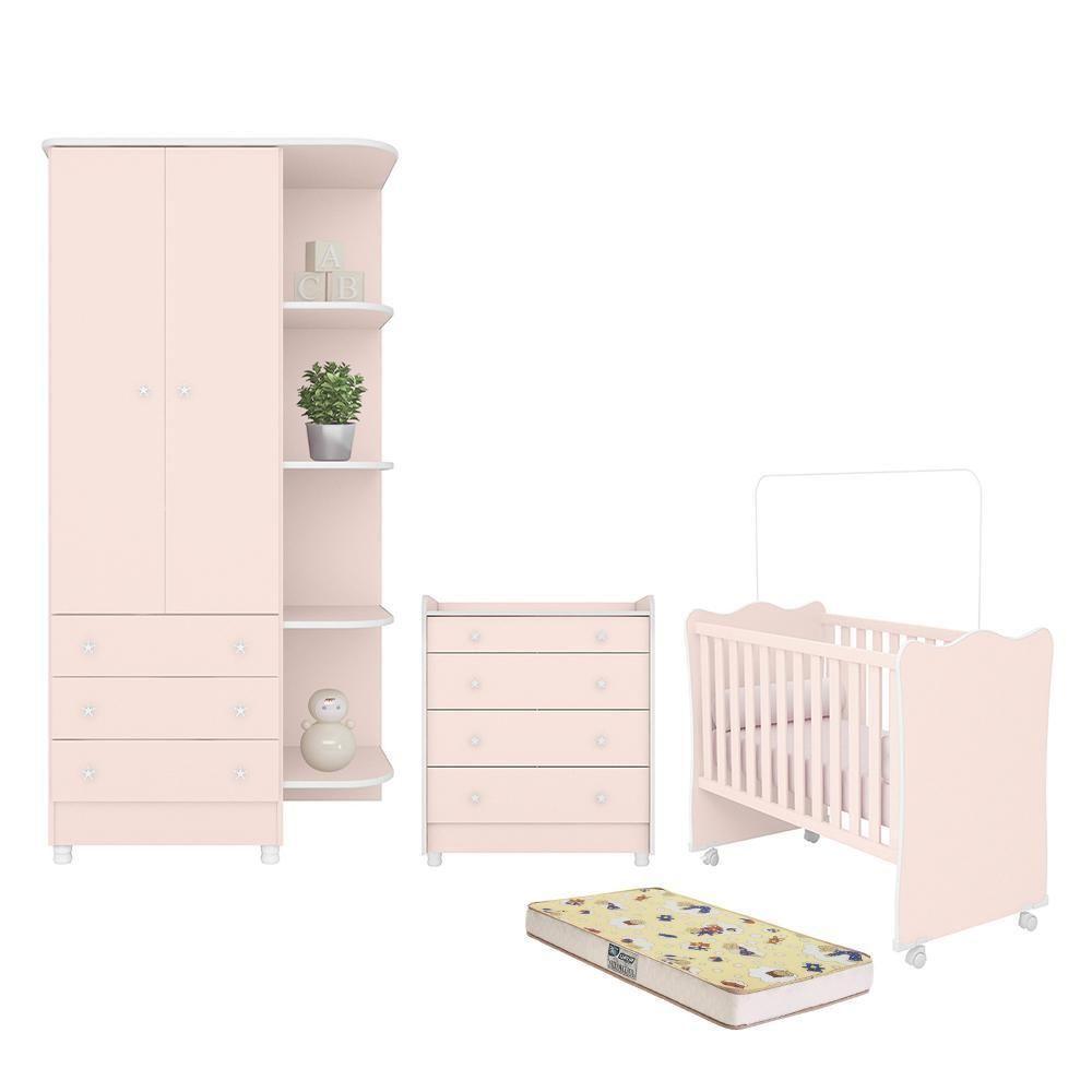Dormitório Doce Sonho Guarda Roupa, Cômoda Trocador, Berço Rosa Acetinado Com Rodízio E Colchão Supreme - Qmovi Rosa Acetinado - 1