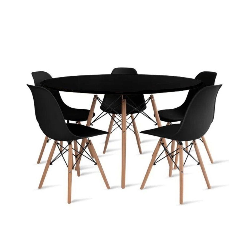 Conjunto De Mesa De Jantar Eames Eiffel Redonda 120cm Tampo De Madeira Com 5 Cadeiras Preto - 1