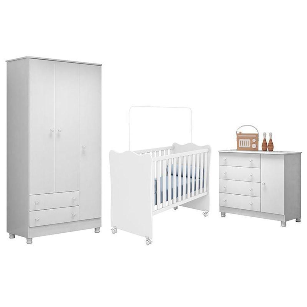 Dormitório Infantil Doce Sonho 3 Portas, Cômoda 1 Porta E Berço Branco Com Rodízio - Qmovi Branco - 1