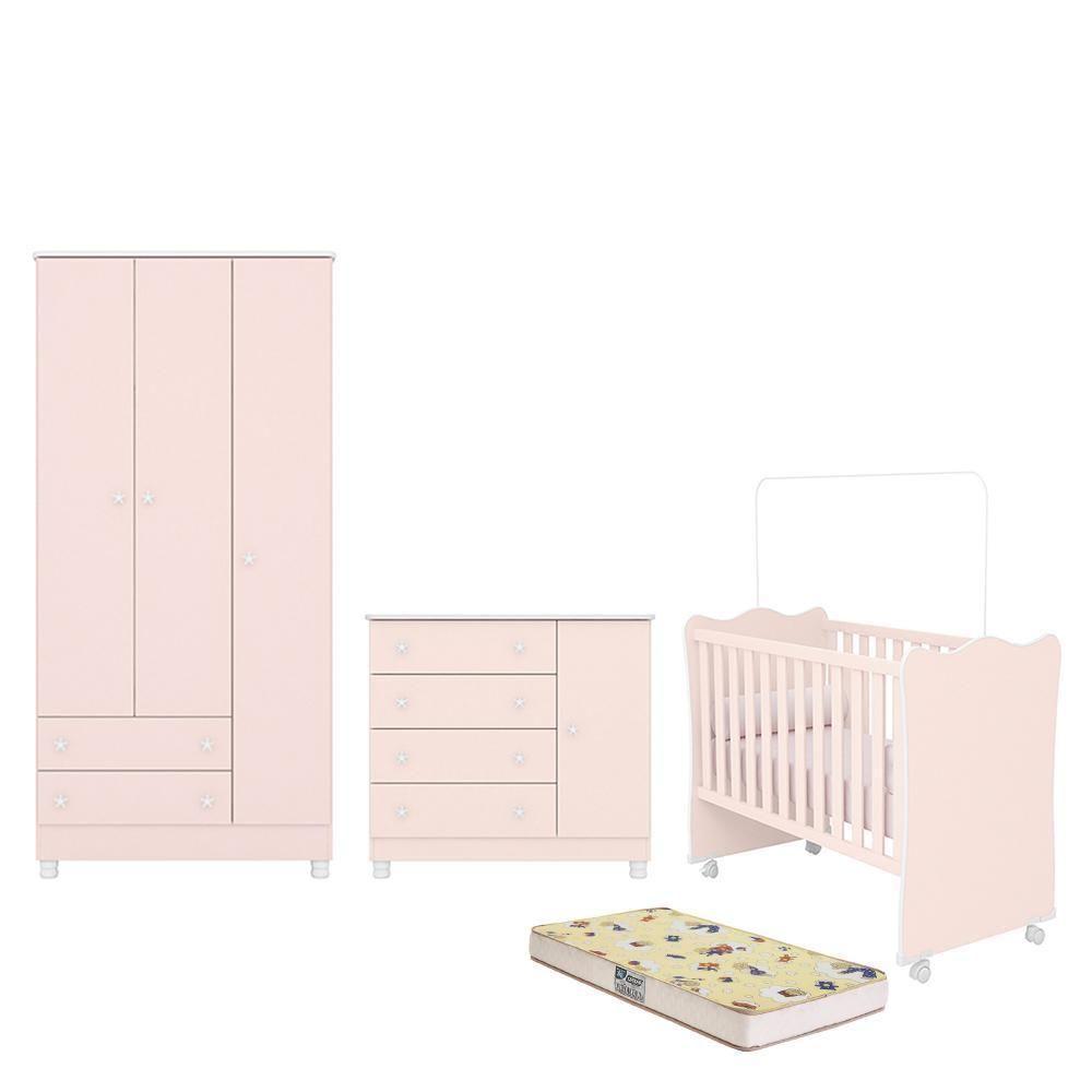 Dormitório Doce Sonho 3 Portas, Cômoda 1 Porta, Berço Rosa Acetinado Com Rodízio E Colchão D18 - Qmovi Rosa Acetinado - 1