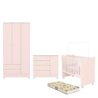 Dormitório Doce Sonho 3 Portas, Cômoda 1 Porta, Berço Rosa Acetinado Com Rodízio E Colchão D18 - Qmovi Rosa Acetinado - 1