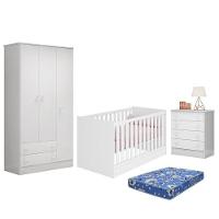 Dormitório Doce Sonho 3 Portas, Cômoda 4 Gavetas E Berço Mini Cama Branco Com Colchão - Qmovi Branco - 1