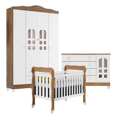 Quarto de Bebê New Selena 4 Portas 2 Gavetas MDF e MDP 125 cm Branco Acetinado Amadeirado Carolina