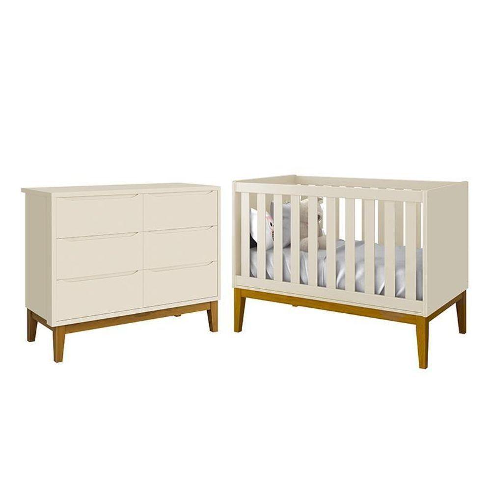 Jogo De Quarto Infantil Classic Cômoda 6 Gavetas E Berço Areia Fosco Com Pés Amadeirado - Reller Móveis Areia Fosco - 1