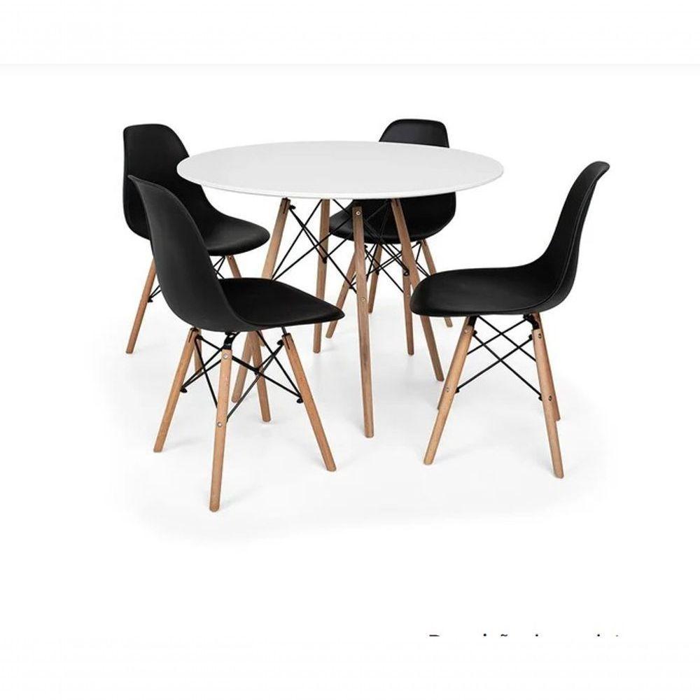 Conjunto De Mesa De Jantar Eames Eiffel Redonda 120cm Tampo De Madeira Branco Com 4 Cadeiras Pretas - 1