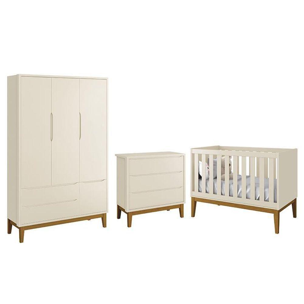 Dormitório Infantil Classic 3 Portas, Cômoda 3 Gavetas E Berço Areia Fosco Com Pés Amadeirado - Reller Móveis Areia Fosco - 2