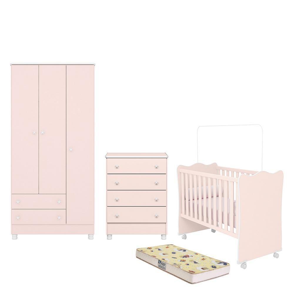 Dormitório Doce Sonho 3 Portas, Cômoda 4 Gavetas, Berço Rosa Acetinado Com Rodízio E Colchão D18 - Qmovi Rosa Acetinado - 1