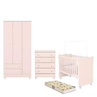 Dormitório Doce Sonho 3 Portas, Cômoda 4 Gavetas, Berço Rosa Acetinado Com Rodízio E Colchão D18 - Qmovi Rosa Acetinado - 1