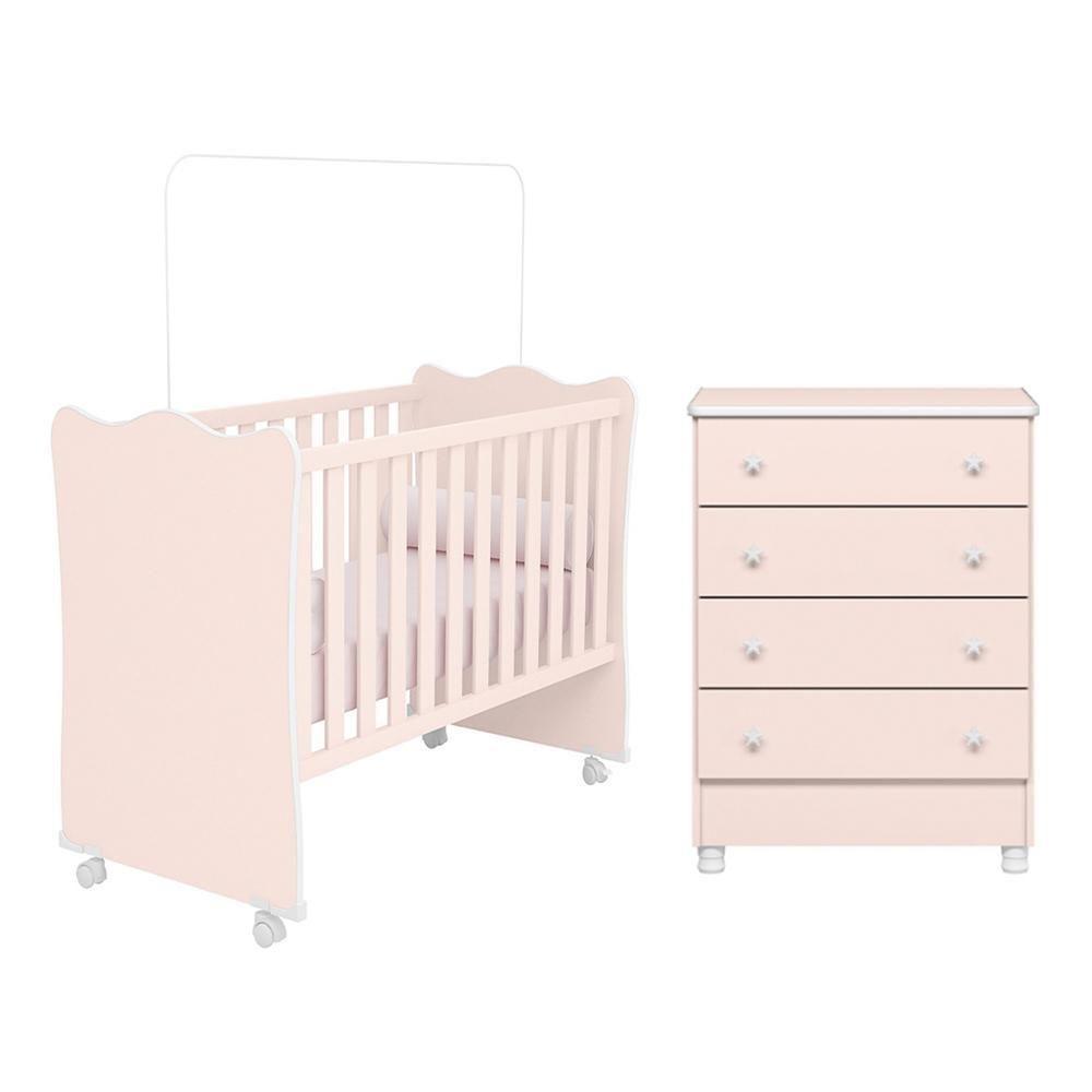 Jogo De Quarto Infantil Doce Sonho Cômoda 4 Gavetas E Berço Rosa Acetinado Com Rodízio - Qmovi Rosa Acetinado - 1