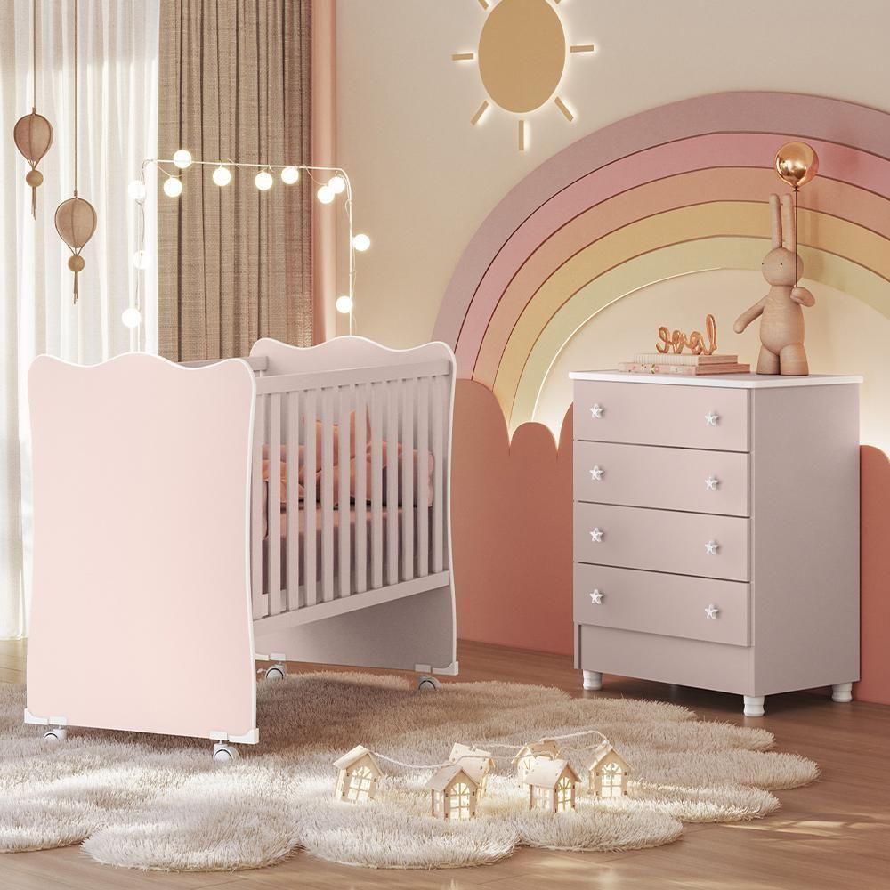 Jogo De Quarto Infantil Doce Sonho Cômoda 4 Gavetas E Berço Rosa Acetinado Com Rodízio - Qmovi Rosa Acetinado - 2