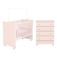 Jogo De Quarto Infantil Doce Sonho Cômoda 4 Gavetas E Berço Rosa Acetinado Com Rodízio - Qmovi Rosa Acetinado - 1