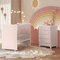 Jogo De Quarto Infantil Doce Sonho Cômoda 4 Gavetas E Berço Rosa Acetinado Com Rodízio - Qmovi Rosa Acetinado - 2