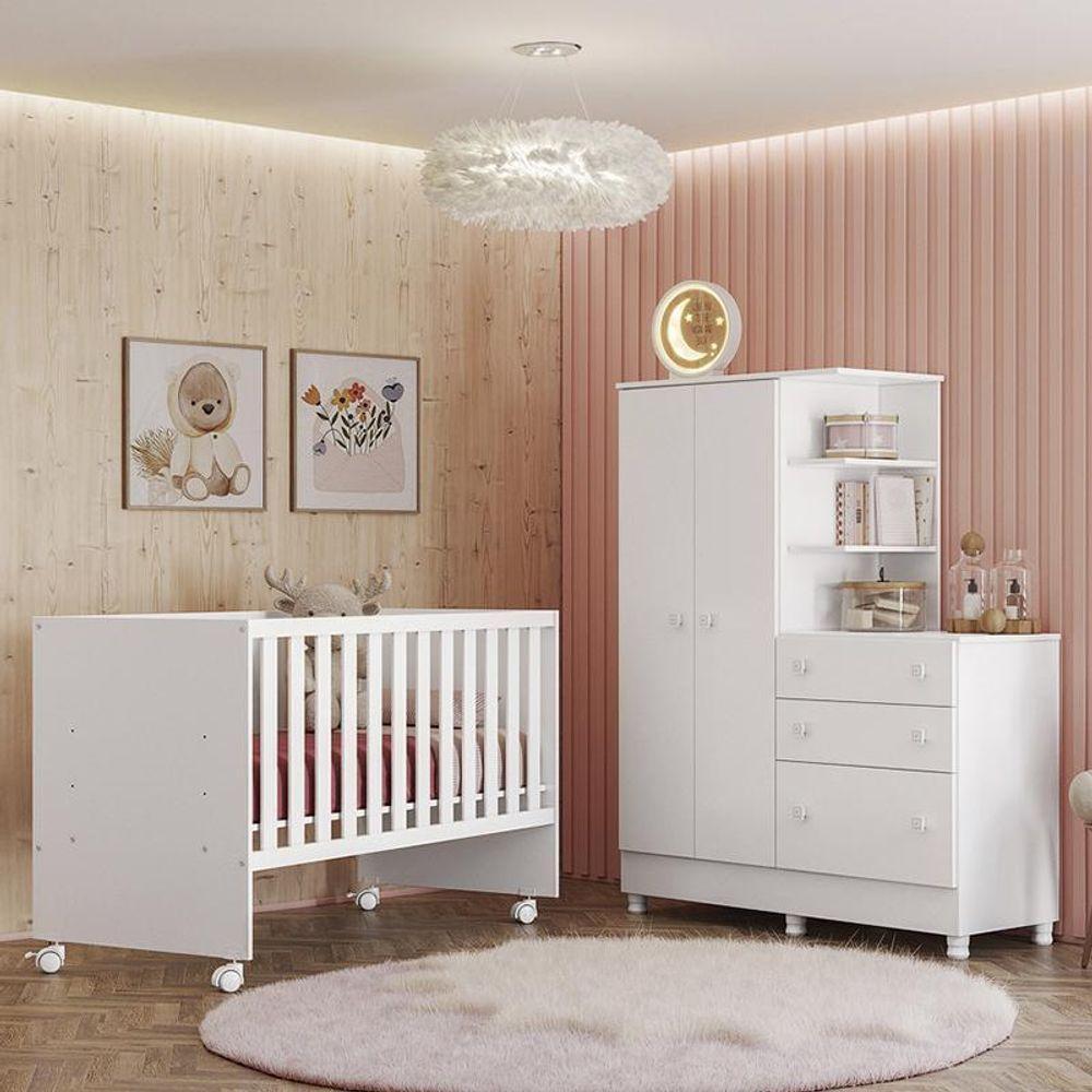 Dormitório Doce Sonho Guarda Roupa Com Cômoda Com Pés E Berço Reto Branco - Qmovi Branco - 2