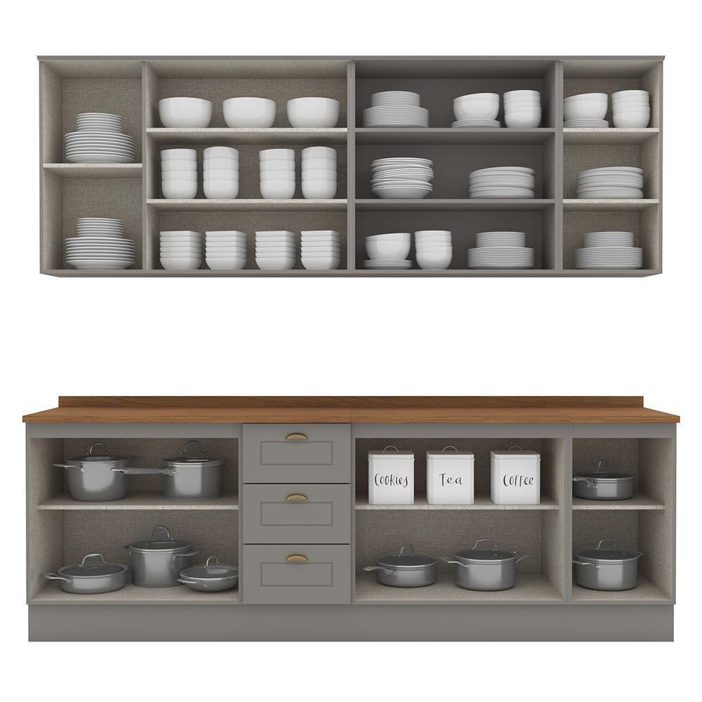 Cozinha Completa Americana 6 Peças Cinza/nature Com Tampo - Móveis Henn Cinza/nature - 6