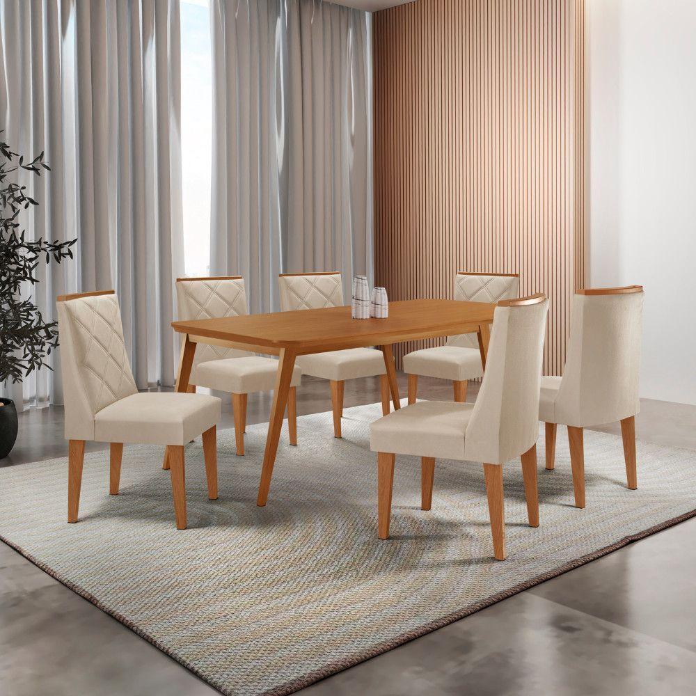 Mesa De Jantar Copper 180cm Tampo Com 6 Cadeiras Moderna Veludo Creme/naturalle/naturalle - 1