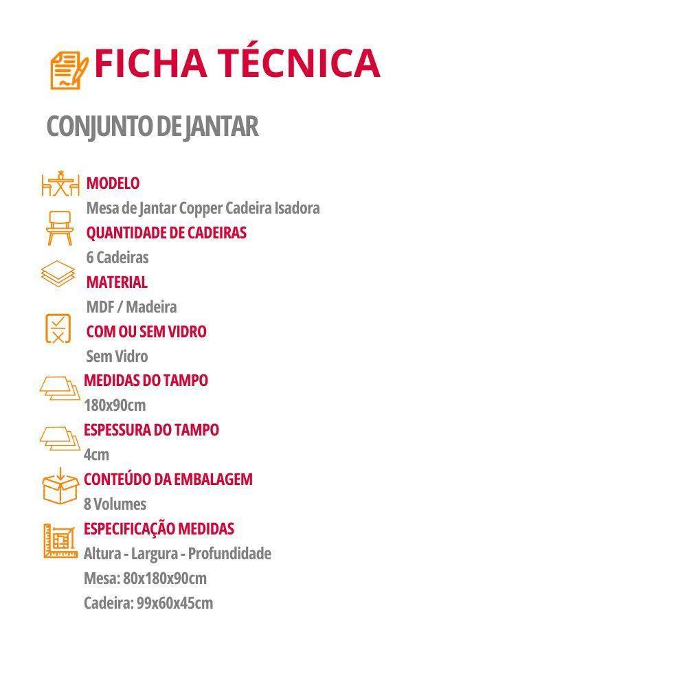 Mesa De Jantar Copper 180cm Tampo Com 6 Cadeiras Moderna Veludo Creme/naturalle/naturalle - 6