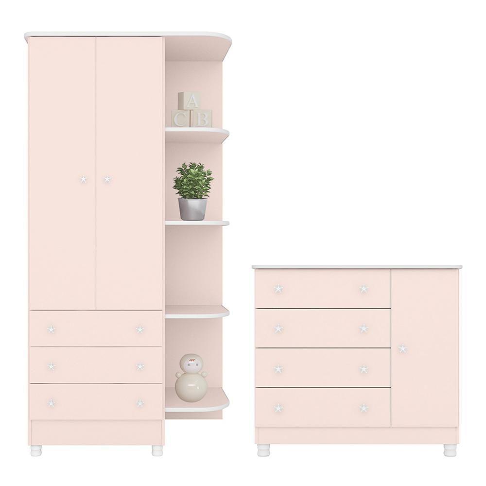 Jogo De Quarto Doce Sonho Guarda Roupa 2 Portas E Cômoda 1 Porta Rosa Acetinado Com Pés - Qmovi Rosa Acetinado - 1