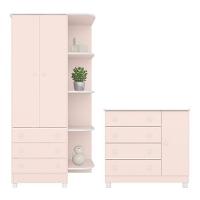 Jogo De Quarto Doce Sonho Guarda Roupa 2 Portas E Cômoda 1 Porta Rosa Acetinado Com Pés - Qmovi Rosa Acetinado - 1