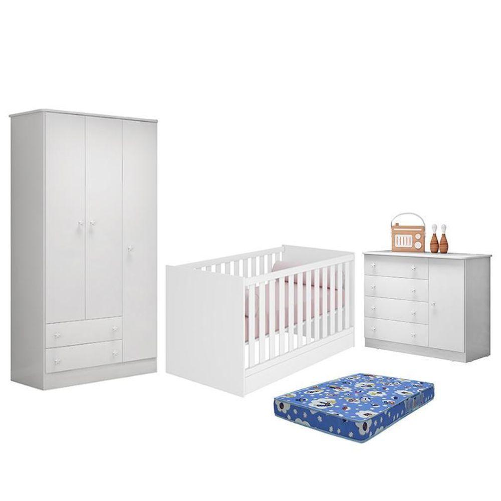 Dormitório Doce Sonho 3 Portas, Cômoda 1 Porta E Berço Mini Cama Branco Com Colchão - Qmovi Branco - 1