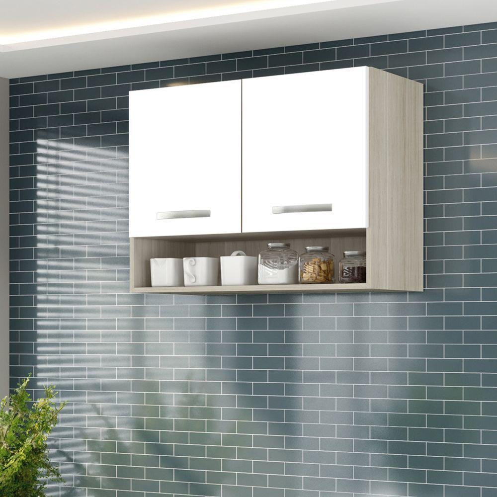 Armario Aereo Cozinha 2 Portas 0,80 Cm Com Nicho Alice Elmo/branco Hr Móveis - 1