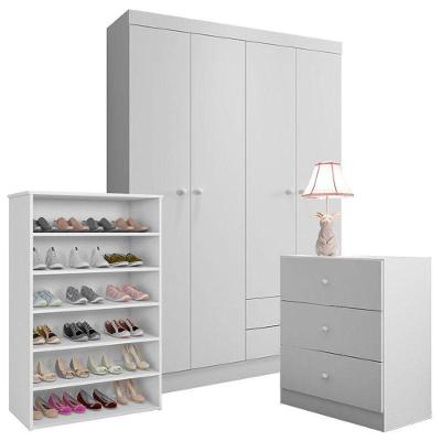 Guarda Roupa e Cômoda Louise e Sapateira Laís 4 Portas 2 Gavetas MDP Branco Brilho AJL Móveis