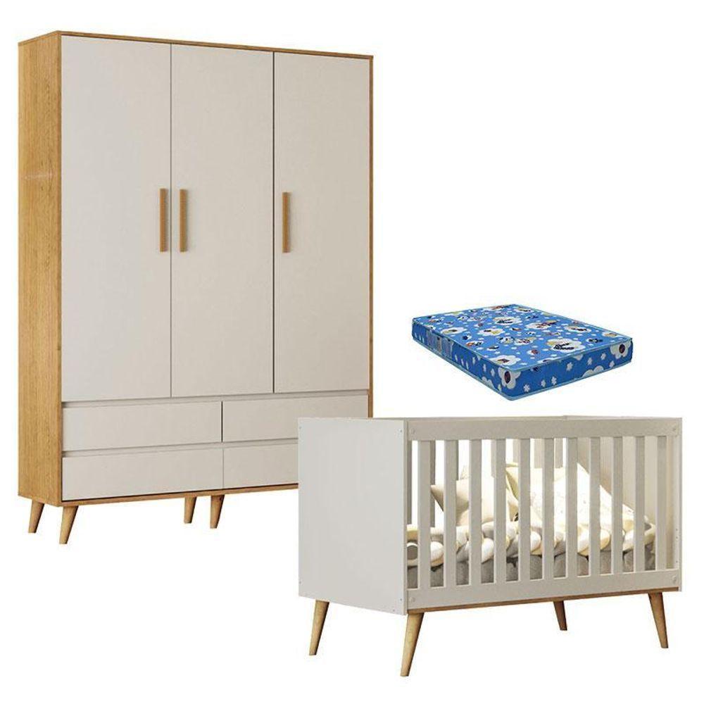 Berço Americano Ludmila E Guarda Roupa Infantil Lorena 3 Portas Off White Bétula Com Colchão Ortobom - Carolina Baby - 1