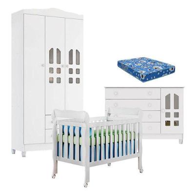 Quarto de Bebê New Selena com Berço Lila Cômoda Gran Guarda-Roupa 3 Portas Branco Carolina Baby