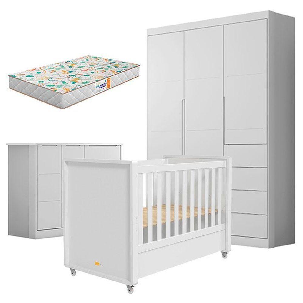 Quarto De Bebê Eloá Com Berço Americano Tutto New Branco Acetinado E Colchão Gazin – Phoenix Baby - 1