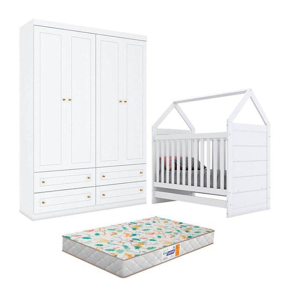 Berço Montessoriano Americano E Guarda Roupa Infantil Mississipi 4 Portas Branco Com Colchão Gazin - Henn - 1