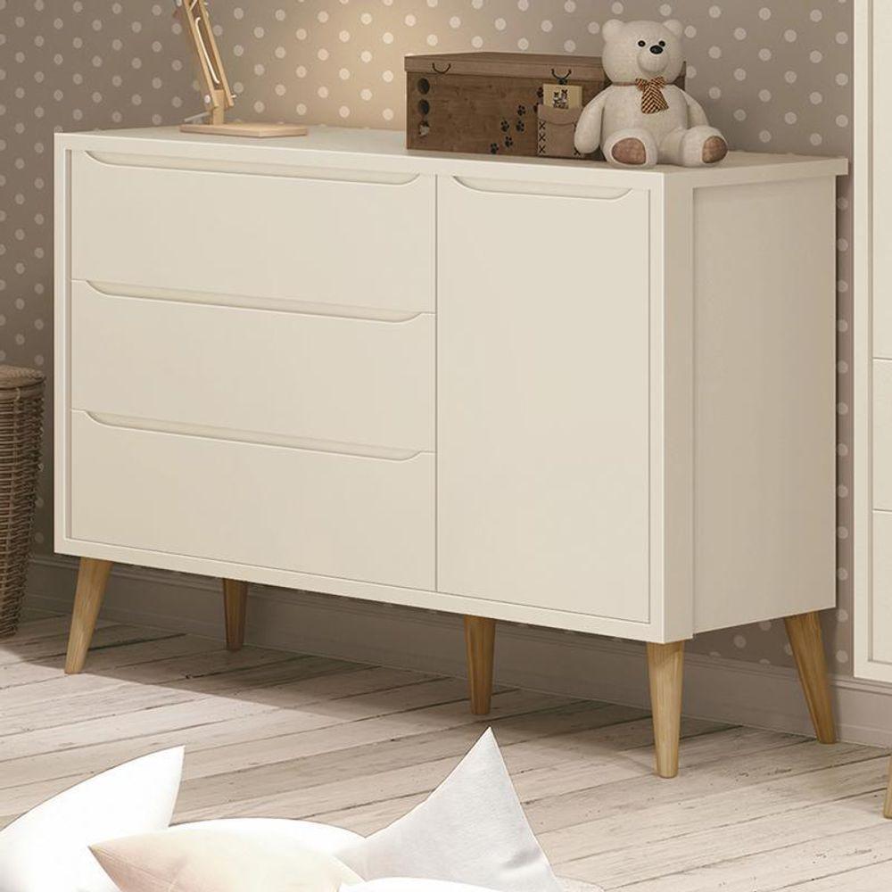 Cômoda Infantil Theo 1 Porta E 3 Gavetas Areia Fosco Com Pés Madeira Natural - Reller Móveis Areia Fosco - 3