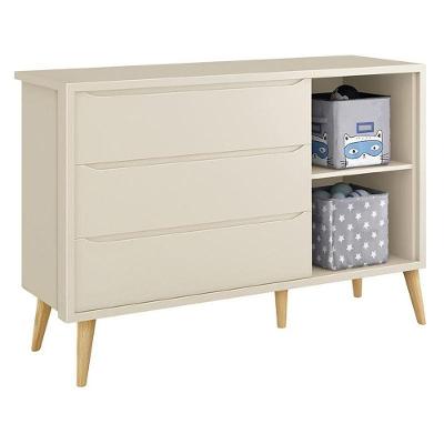 Cômoda Infantil Theo 3 Gavetas MDF Bege Fosco com Porta e Pés em Madeira Natural