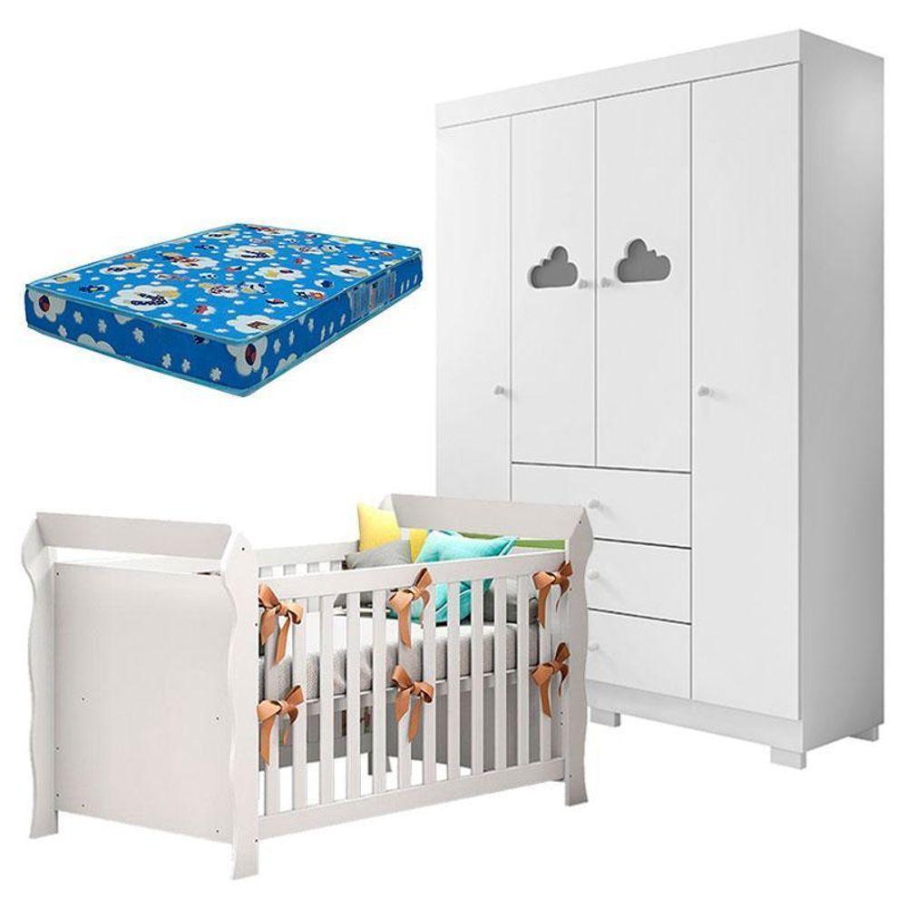 Berço Americano Lara E Guarda Roupa Infantil Ane Branco Brilho Com Colchão Ortobom – Phoenix Baby - 1