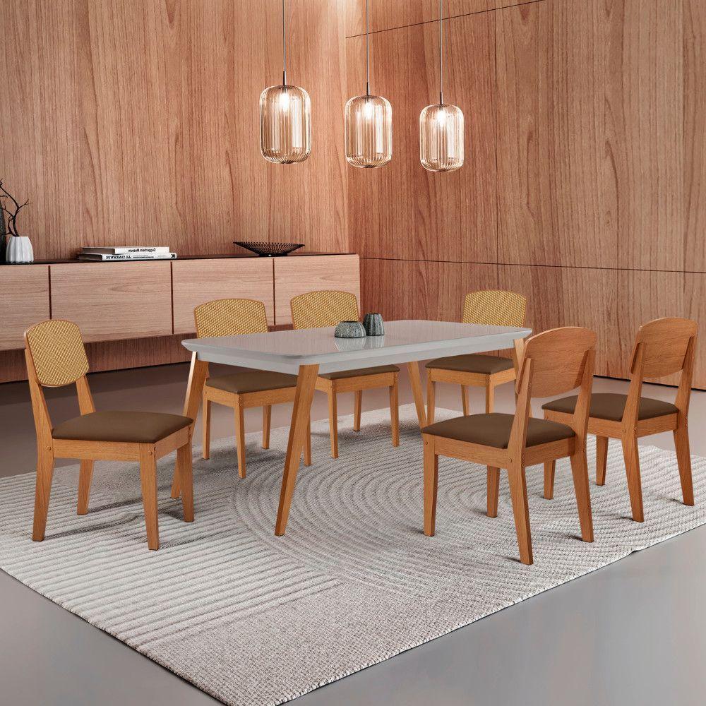 Mesa De Jantar Copper 180cm Tampo Mdf Vidro 6 Cadeiras Veludo Marrom/off/nat/serig Off - 1