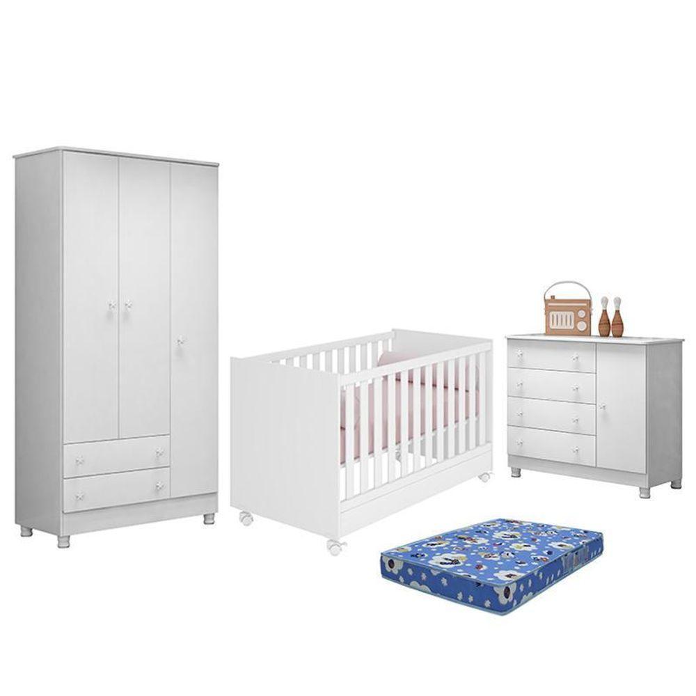 Dormitório Doce Sonho 3 Portas, Cômoda 1 Porta, Berço Mini Cama Branco Com Rodízio E Colchão - Qmovi Branco - 1