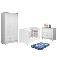 Dormitório Doce Sonho 3 Portas, Cômoda 1 Porta, Berço Mini Cama Branco Com Rodízio E Colchão - Qmovi Branco - 1