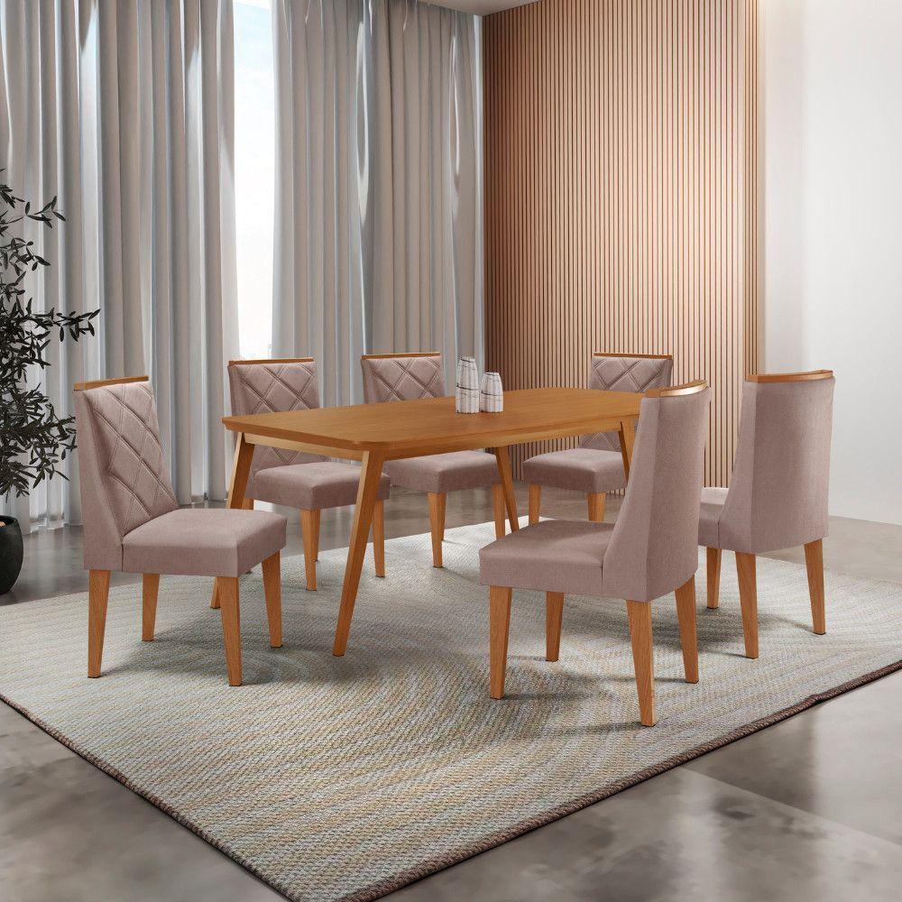 Mesa De Jantar Copper 180cm Tampo Com 6 Cadeiras Moderna Linho Capuccino/naturale/naturale - 1