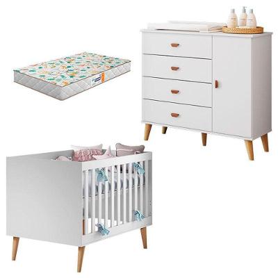 Berço Americano Ludmila em MDF com Colchão Incluso Branco com Cômoda Infantil