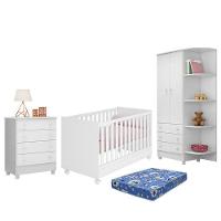 Dormitório Doce Sonho 2 Portas, Cômoda 4 Gavetas, Berço Mini Cama Branco Com Rodízio E Colchão - Qmovi Branco - 1