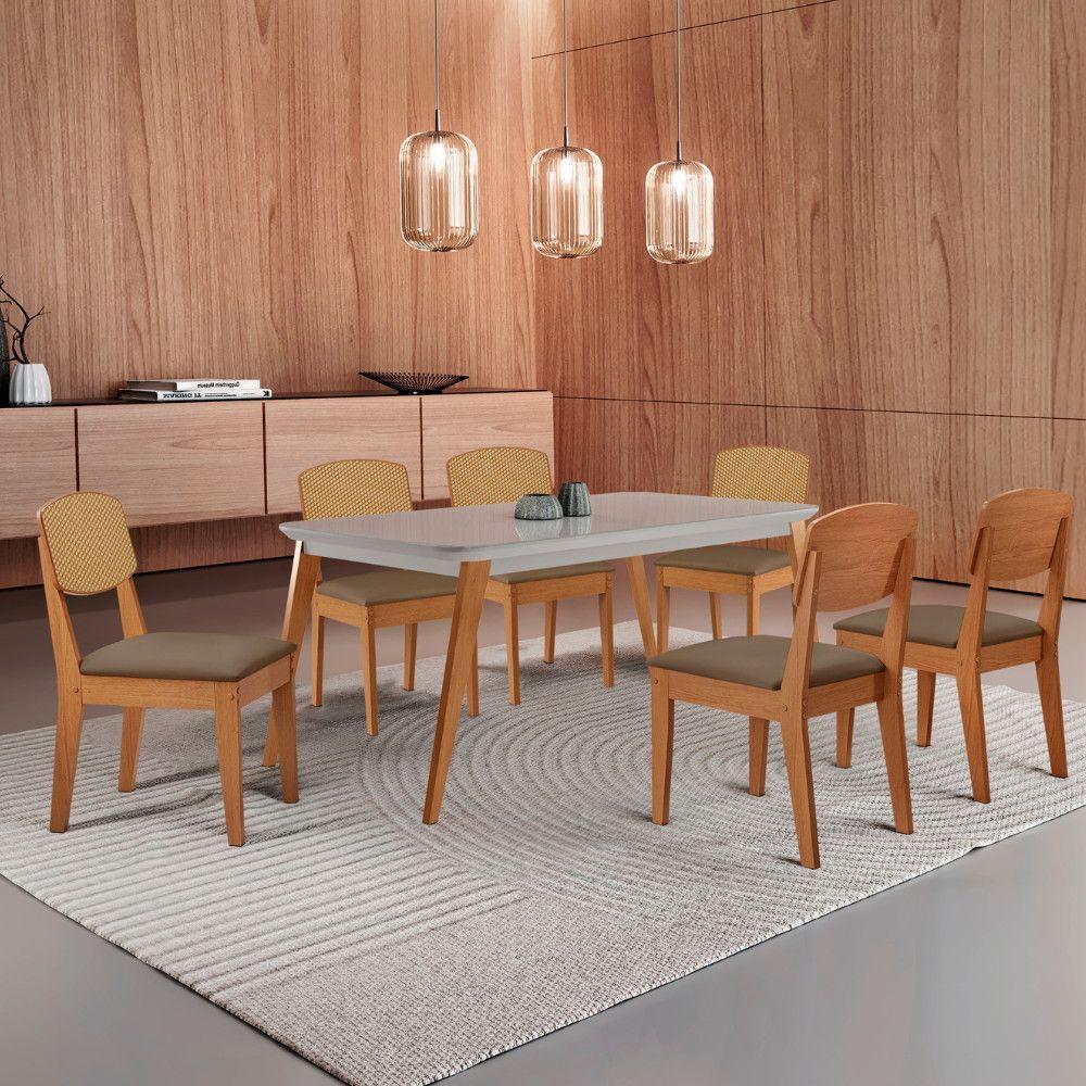 Mesa De Jantar Copper 180cm Tampo Mdf Vidro 6 Cadeiras Veludo Capuccino/off/nat/serig Off - 1